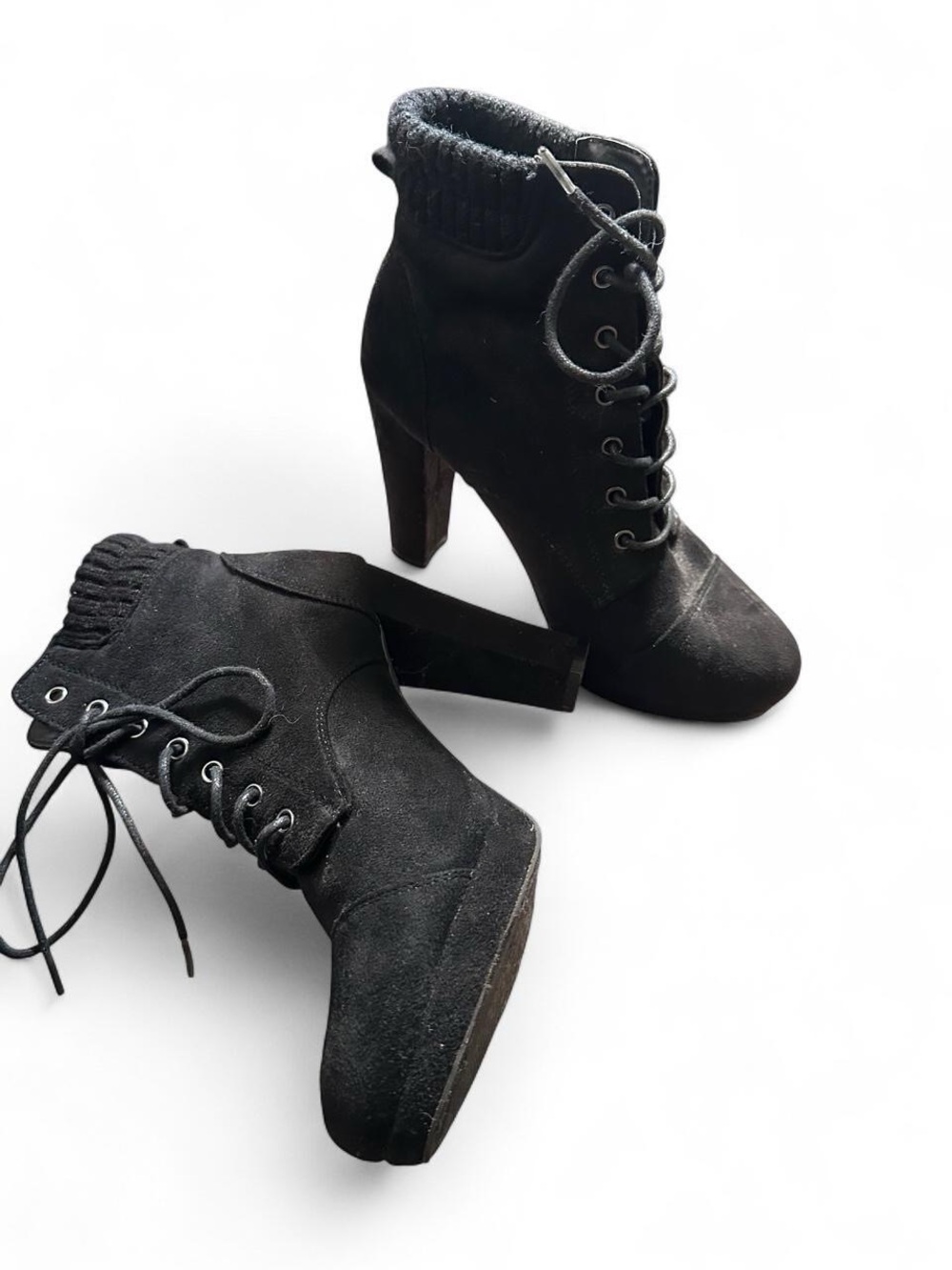 Women's Black Lace-Up Suede Ankle Boots - High Heel